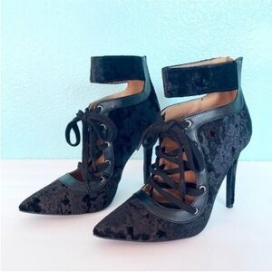 Black velvet pointed toe lace up heeled booties heels